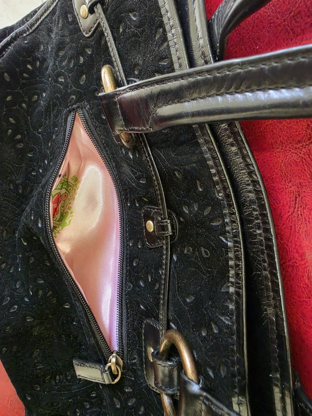 Black Embossed Leather Shoulder Bag with Buckle Pockets